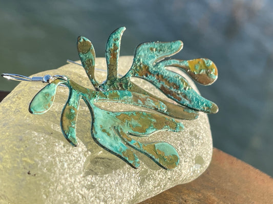 Handmade leaf earrings. Rustic earrings, unusual earrings, unusual gift for her, blue earrings, boho earrings, large statement earrings.