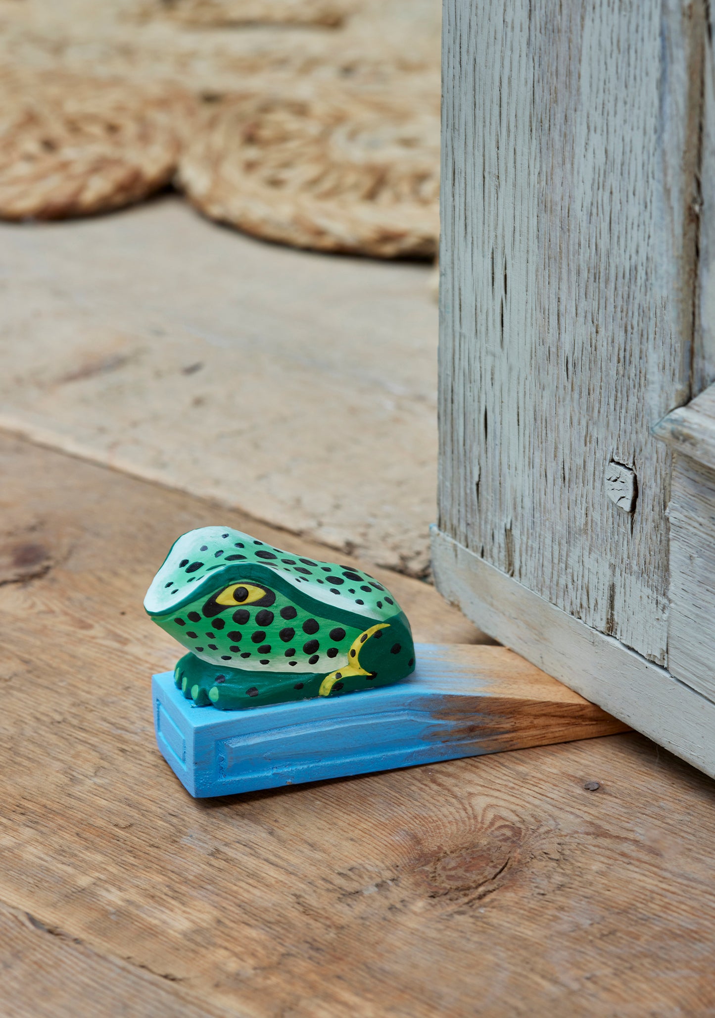 Frog door stop made from sustainable painted wood. Fun animal doorstop. Ethical gift ideas. Frog door stoppers.