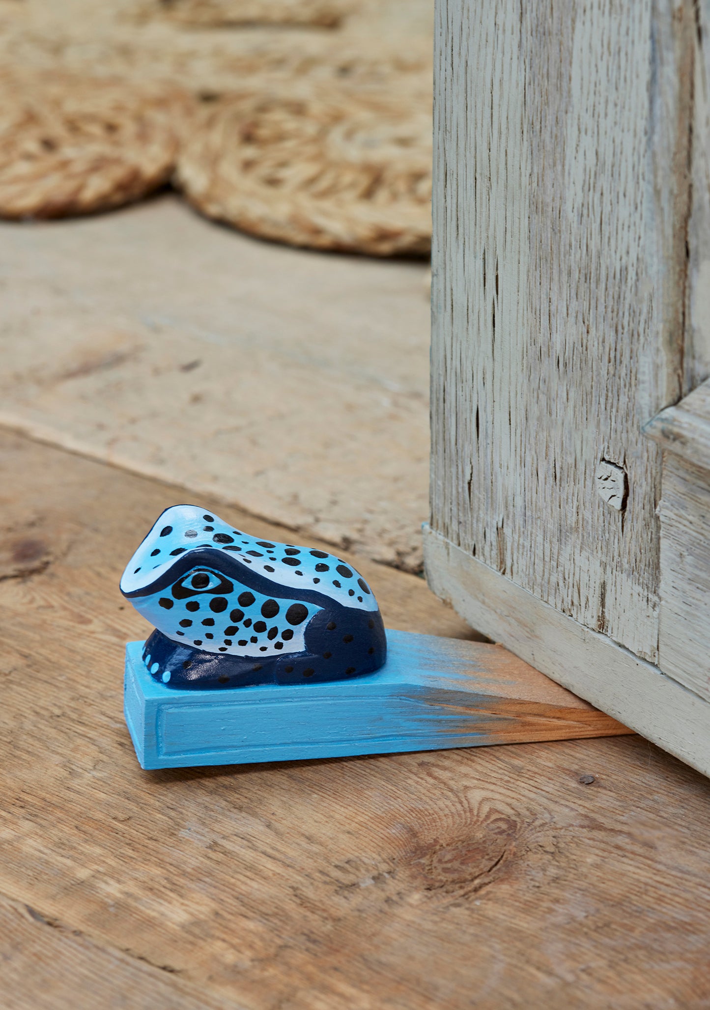 Frog door stop made from sustainable painted wood. Fun animal doorstop. Ethical gift ideas. Frog door stoppers.