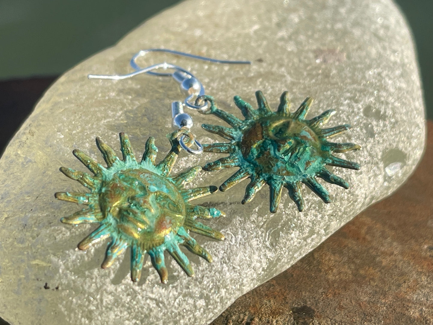 Handmade Sun earrings. Rustic earrings, unusual earrings, unusual gift for her, blue earrings, boho earrings, hippy gift. Beach earring