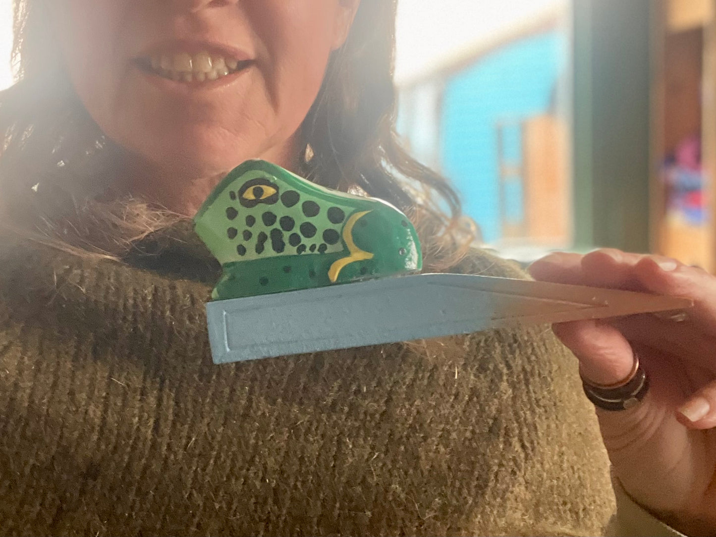 Frog door stop made from sustainable painted wood. Fun animal doorstop. Ethical gift ideas. Frog door stoppers.