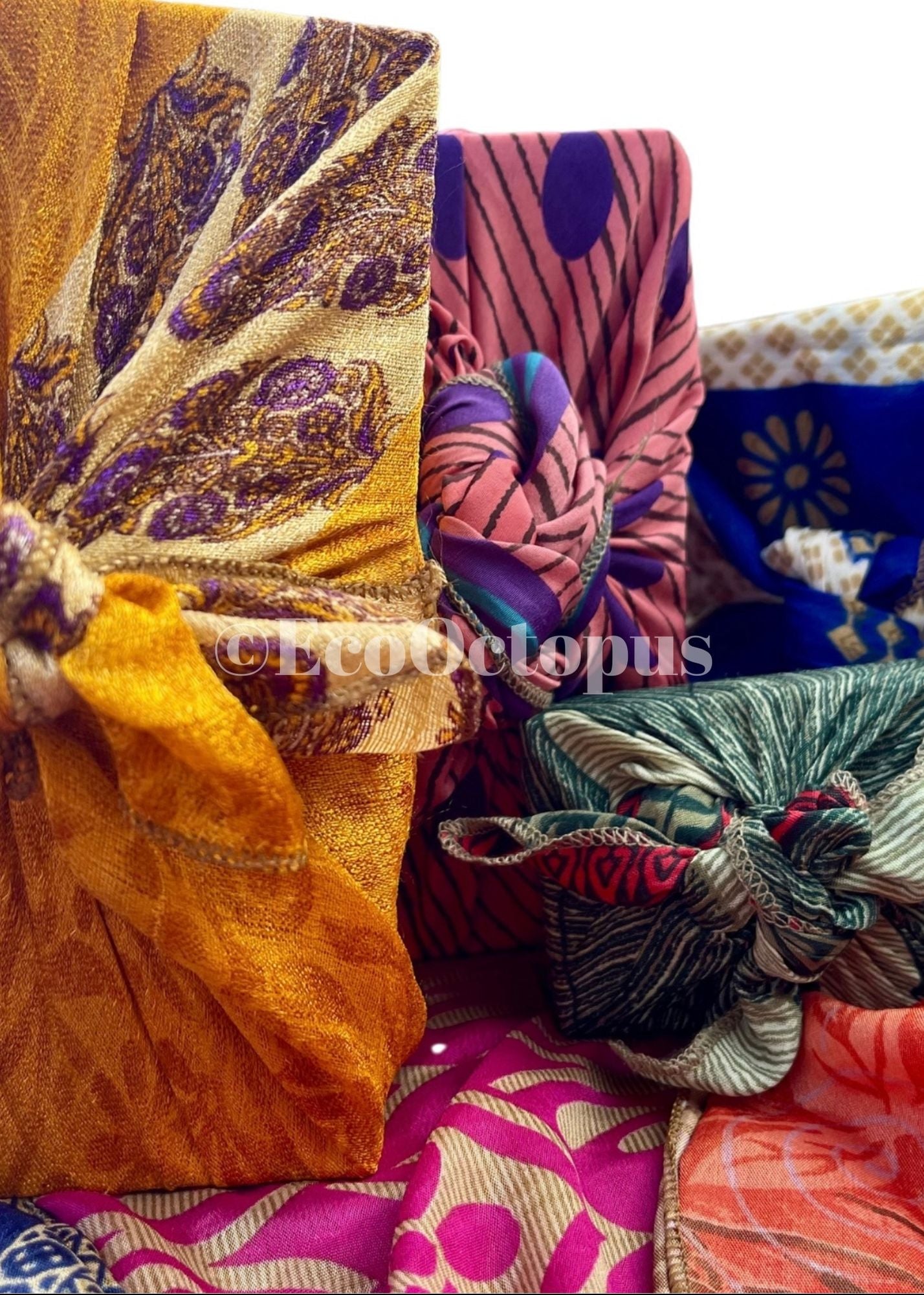 8 pieces of eco friendly sari gift wrap. Made from vintage silks. Ethical stationery. Eco friendly gifts. Re-usable recycled gift wrap.