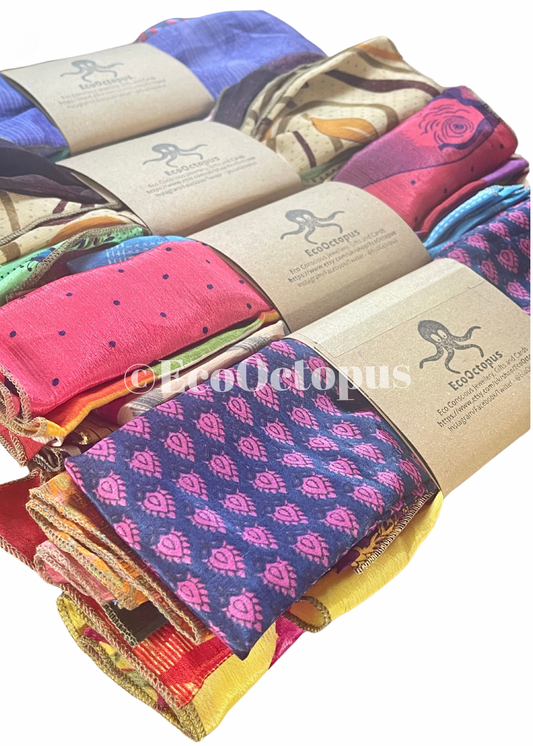 8 pieces of eco friendly sari gift wrap. Made from vintage silks. Ethical stationery. Eco friendly gifts. Re-usable recycled gift wrap.