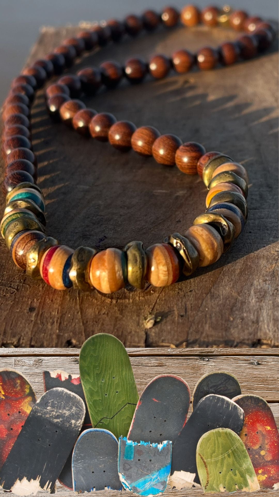 Handmade necklace made from old skateboards. Skateboard necklace. Unique gifts for men. Sustainable jewellery. Eco friendly necklaces.