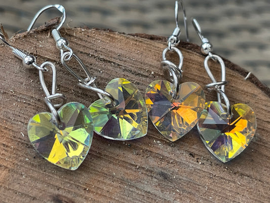 Cut glass heart earrings, rainbow earrings, Eco friendly gift for her, gift for girl, heart jewellery, hearts in sterling silver. Boho gifts