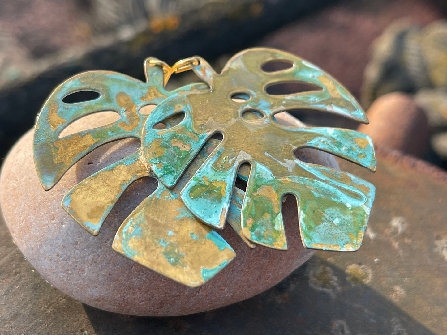 Handmade leaf earrings. Rustic earrings, unusual earrings, unusual gift for her, blue earrings, boho earrings, large statement earrings.