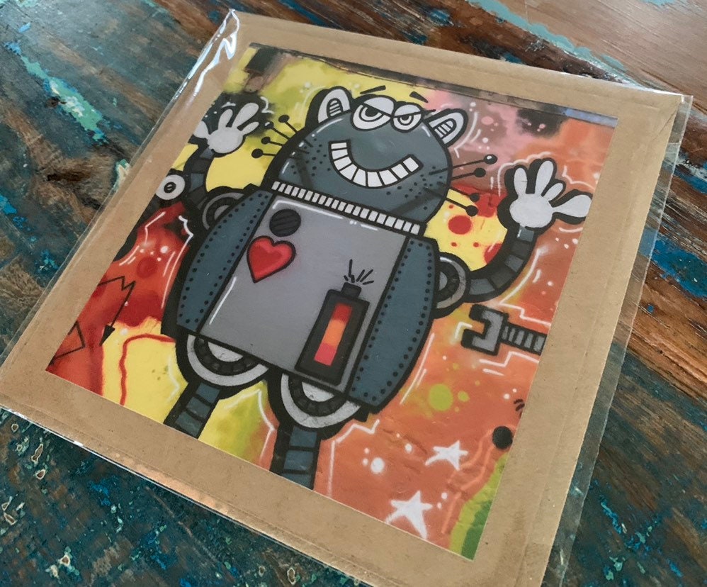 Robot card, love card, romantic card, cat card, handmade card, recycled card. Birthday card, Unusual card for him, card for her, graffiti