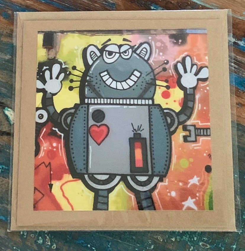 Robot card, love card, romantic card, cat card, handmade card, recycled card. Birthday card, Unusual card for him, card for her, graffiti