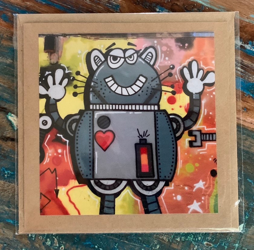 Robot card, love card, romantic card, cat card, handmade card, recycled card. Birthday card, Unusual card for him, card for her, graffiti