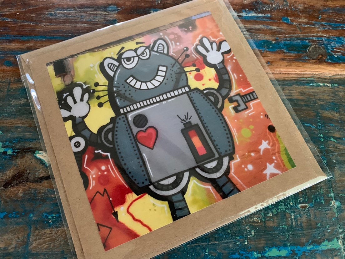 Robot card, love card, romantic card, cat card, handmade card, recycled card. Birthday card, Unusual card for him, card for her, graffiti