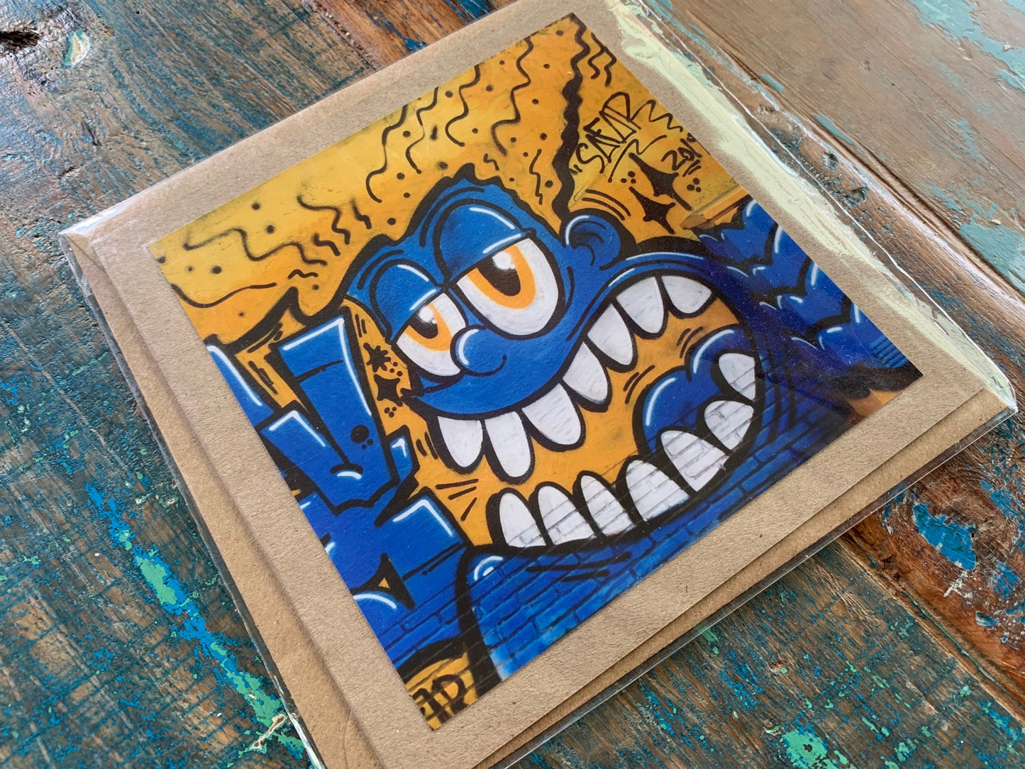 recycled card, eco friendly card, greetings card, happy blue monster. Birthday card, boys card, thank you card, Blank card, silly card