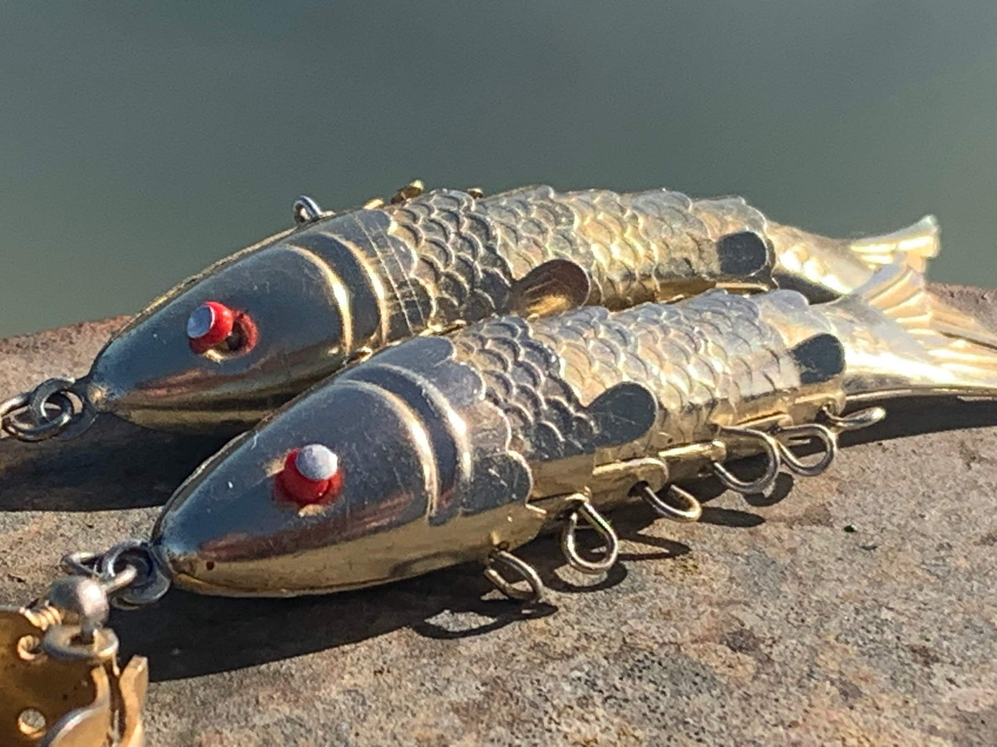 Articulated fish earrings. Vintage earrings, articulated jewellery. Retro earrings, boho unusual earrings, unusual gift, large gold earrings