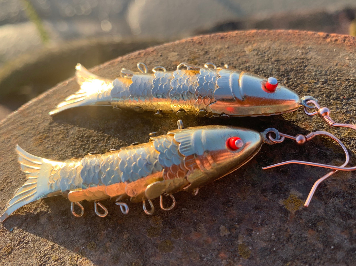 Articulated fish earrings. Vintage earrings, articulated jewellery. Retro earrings, boho unusual earrings, unusual gift, large gold earrings