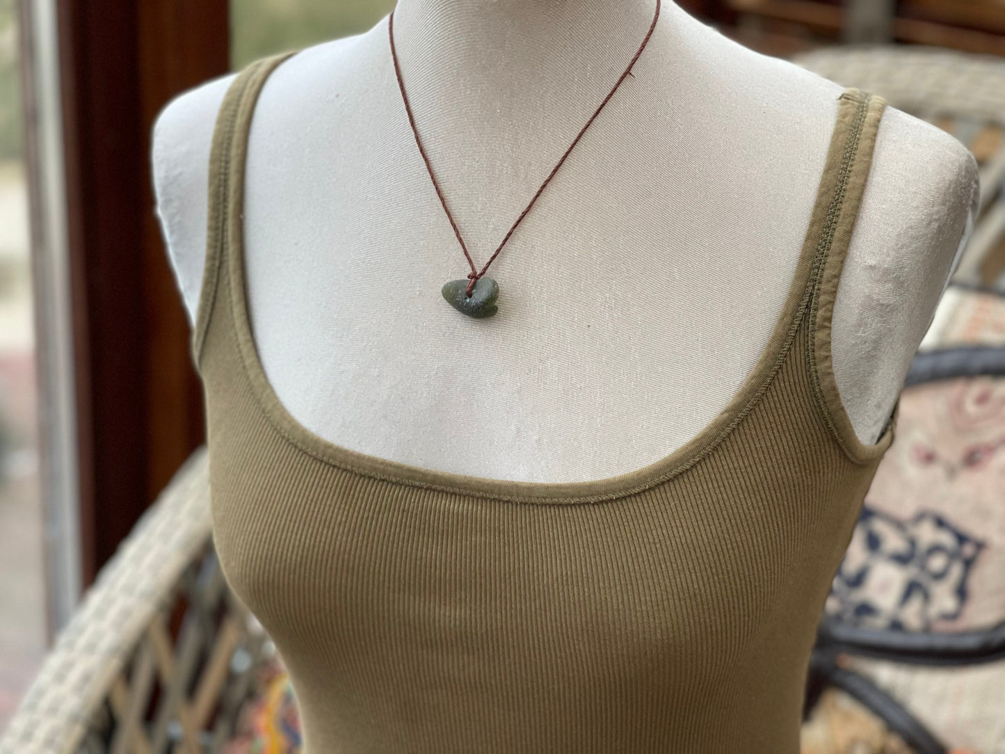 Rustic sea glass necklace. Recycled boho necklace, unisex necklace. Surf necklace, hippy necklace. Gift for him, Sea glass pendant
