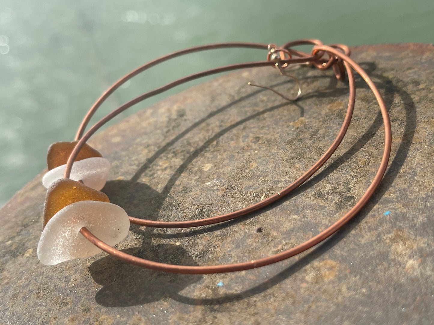 Handmade earrings.  Recycled earrings, sea glass earrings. Handmade gift for her. Romantic gift, ethical jewellery, boho large hoop earrings