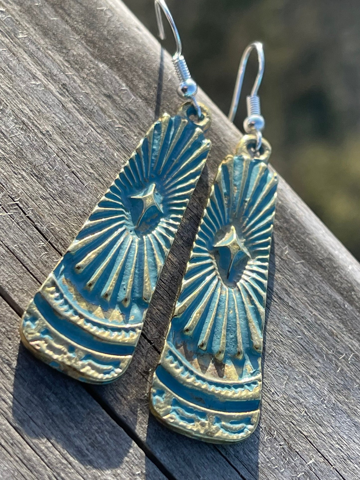 Aztec patina earrings, boho earrings, Musial earrings, funky gift for her, boho jewellery, blue metal earrings on sterling silver hooks.