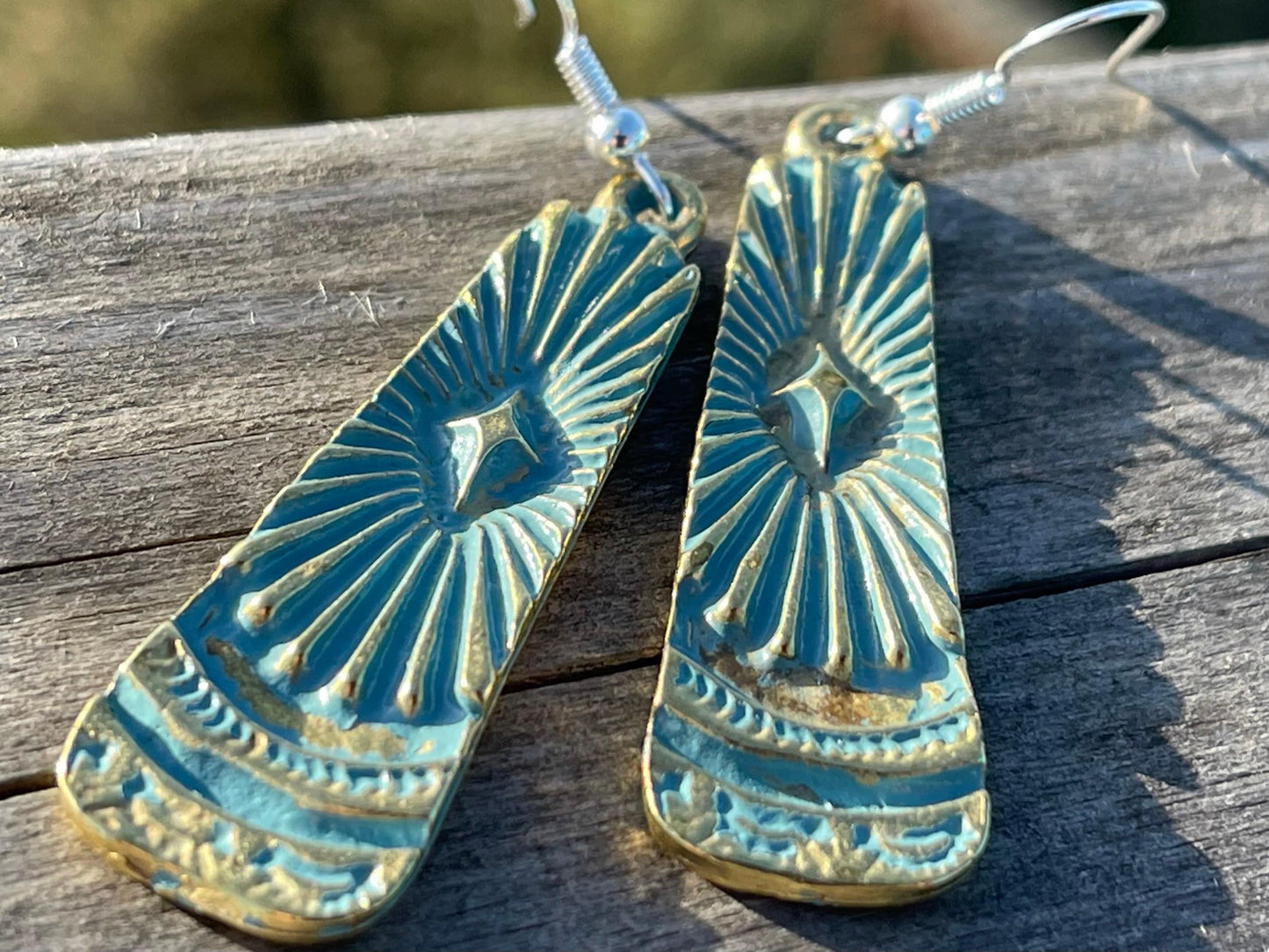 Aztec patina earrings, boho earrings, Musial earrings, funky gift for her, boho jewellery, blue metal earrings on sterling silver hooks.