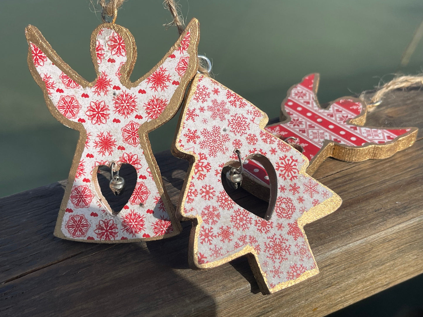 Three handmade Christmas tree decorations, eco friendly Christmas baubles, traditional Christmas decorations for the tree, angel decorations