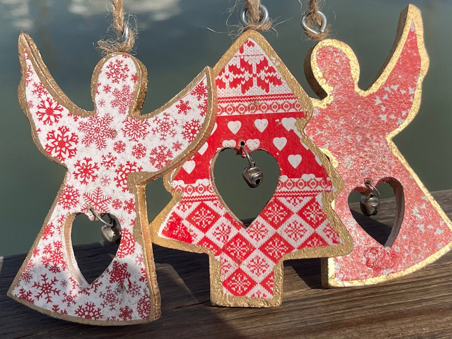 Three handmade Christmas tree decorations, eco friendly Christmas baubles, traditional Christmas decorations for the tree, angel decorations