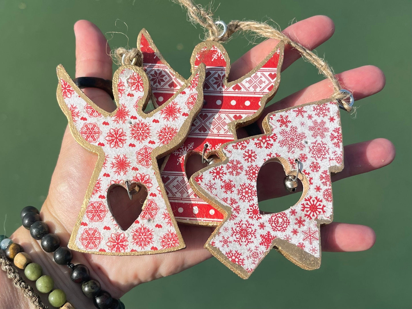 Three handmade Christmas tree decorations, eco friendly Christmas baubles, traditional Christmas decorations for the tree, angel decorations