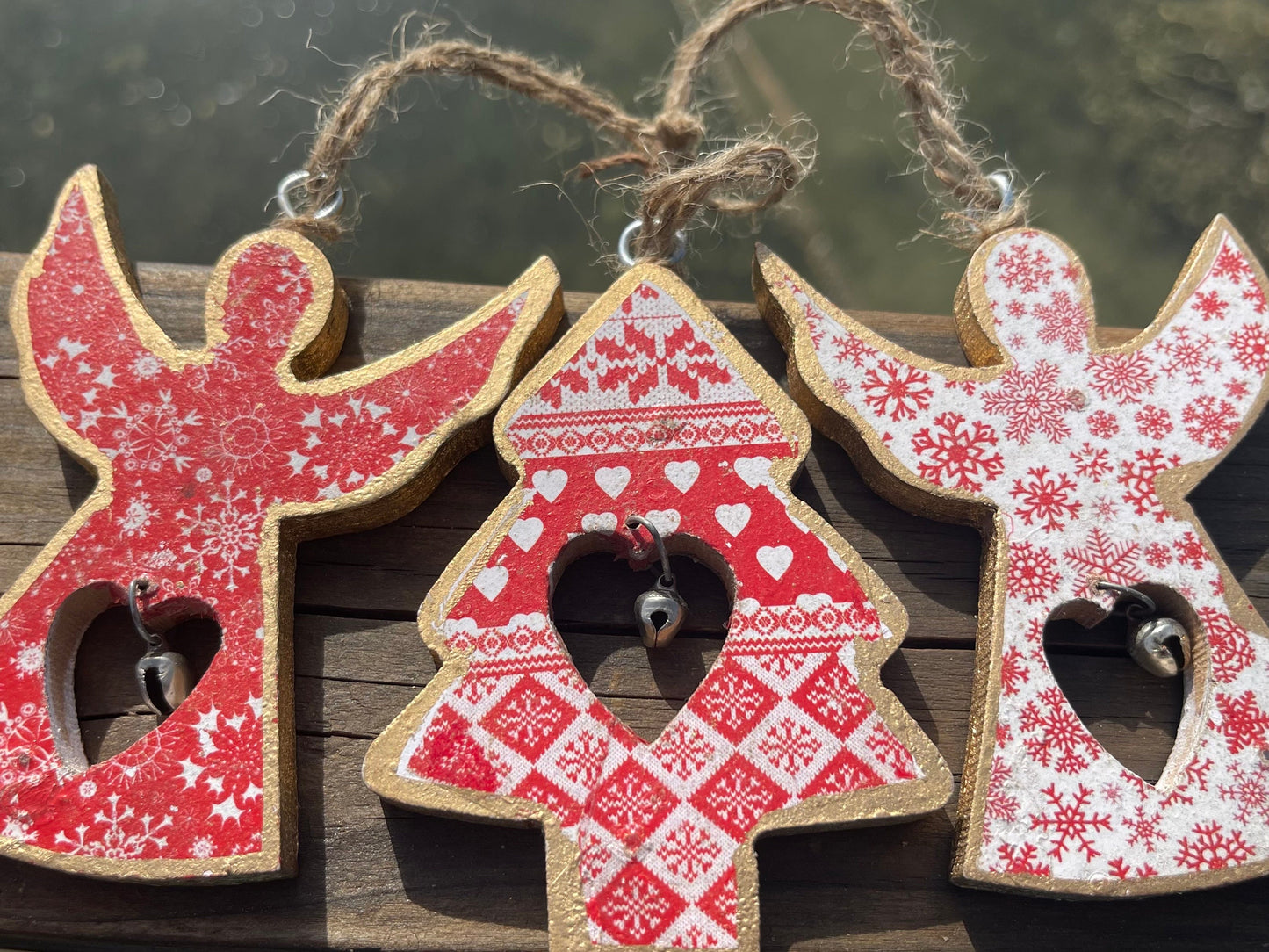 Three handmade Christmas tree decorations, eco friendly Christmas baubles, traditional Christmas decorations for the tree, angel decorations