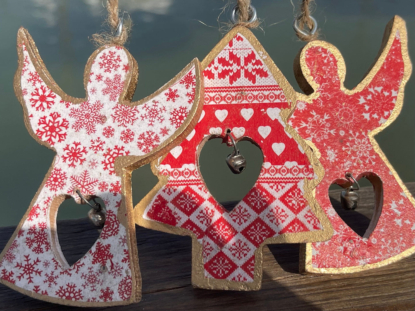 Three handmade Christmas tree decorations, eco friendly Christmas baubles, traditional Christmas decorations for the tree, angel decorations