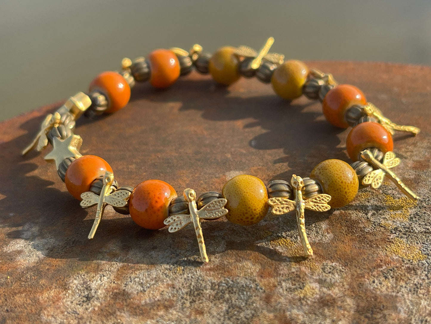Dragonfly bracelet, boho jewellery, unique gift for her, handmade glass bracelet, dragonfly jewellery, orange bracelet, yellow bracelet