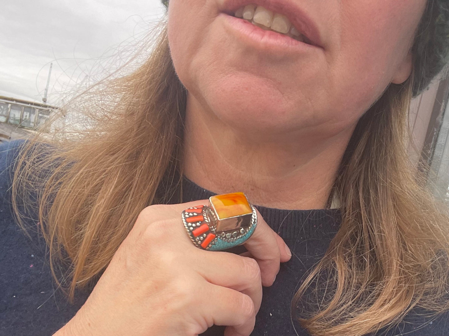 Vintage ring, vintage jewellery, ethical jewellery, gypsy ring. Gypsy jewellery, large ring, statement ring, turquoise ring, orange ring