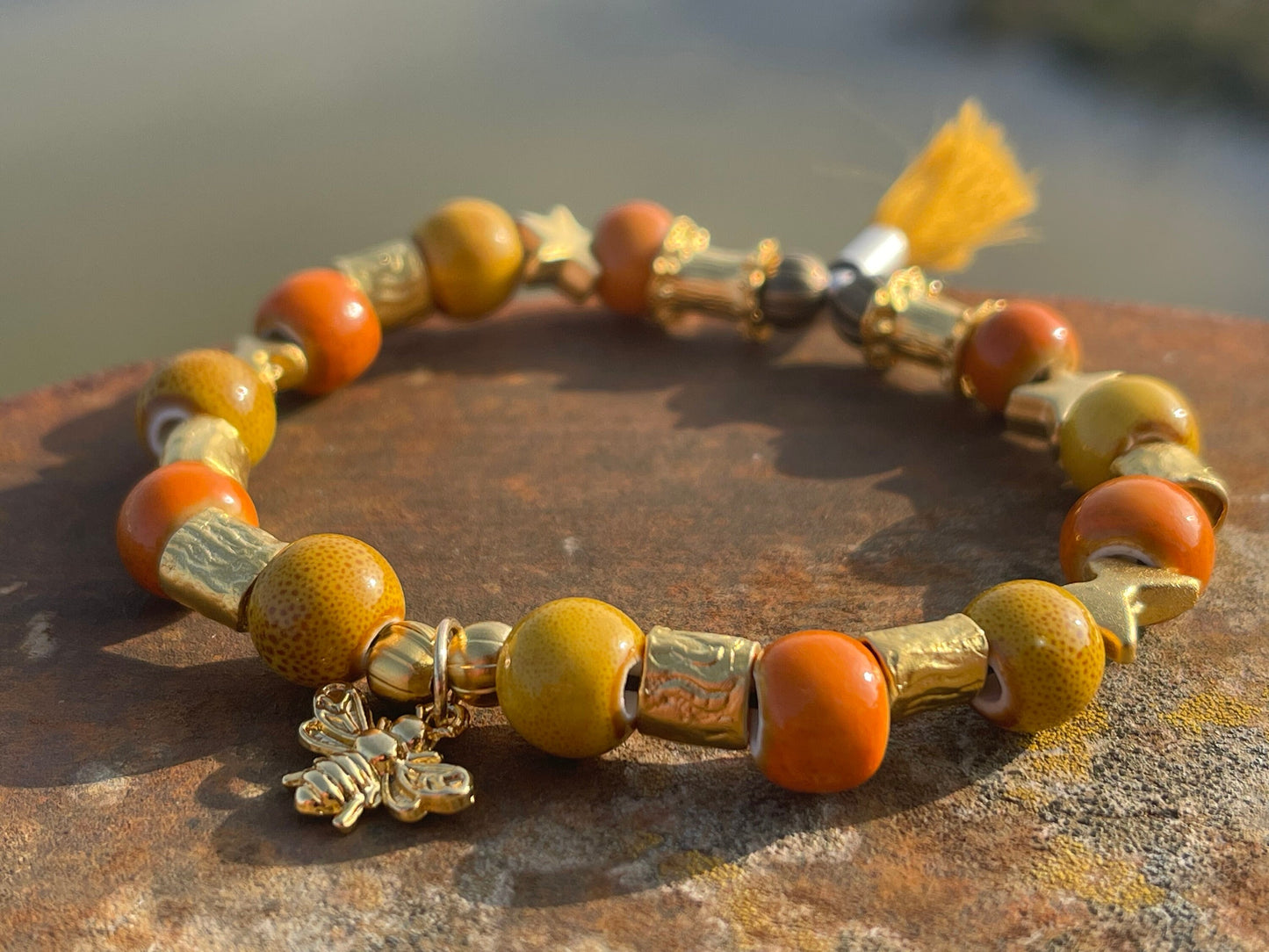 Bee bracelet, boho jewellery, butterfly bracelet, gift for her, handmade glass bracelet, bee jewellery, butterfly jewellery, yellow bracelet