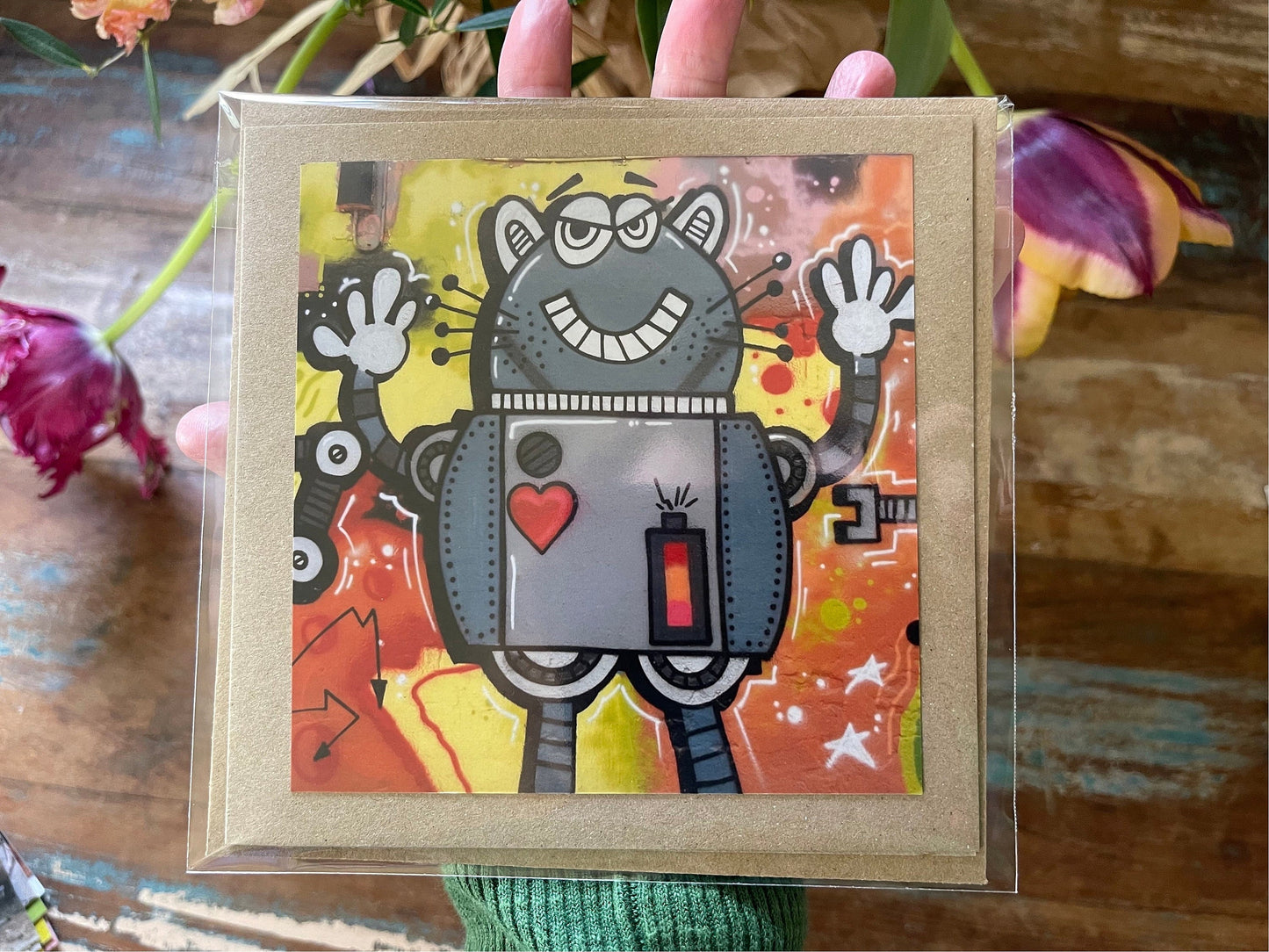 Robot card, love card, romantic card, cat card, handmade card, recycled card. Birthday card, Unusual card for him, card for her, graffiti