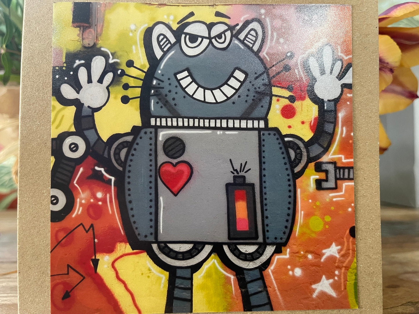 Robot card, love card, romantic card, cat card, handmade card, recycled card. Birthday card, Unusual card for him, card for her, graffiti