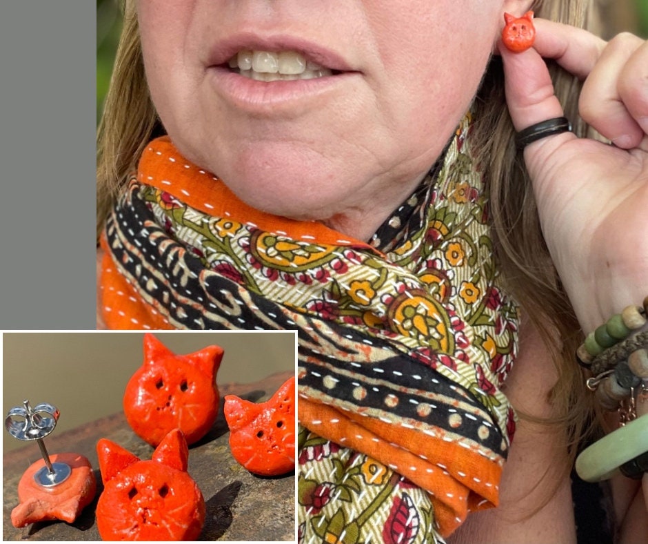 Cat Stud Earrings, orange cat earrings, cat shaped stud earrings, small cat earrings, cat jewellery, ginger Tom cat earrings, Cheshire Cat