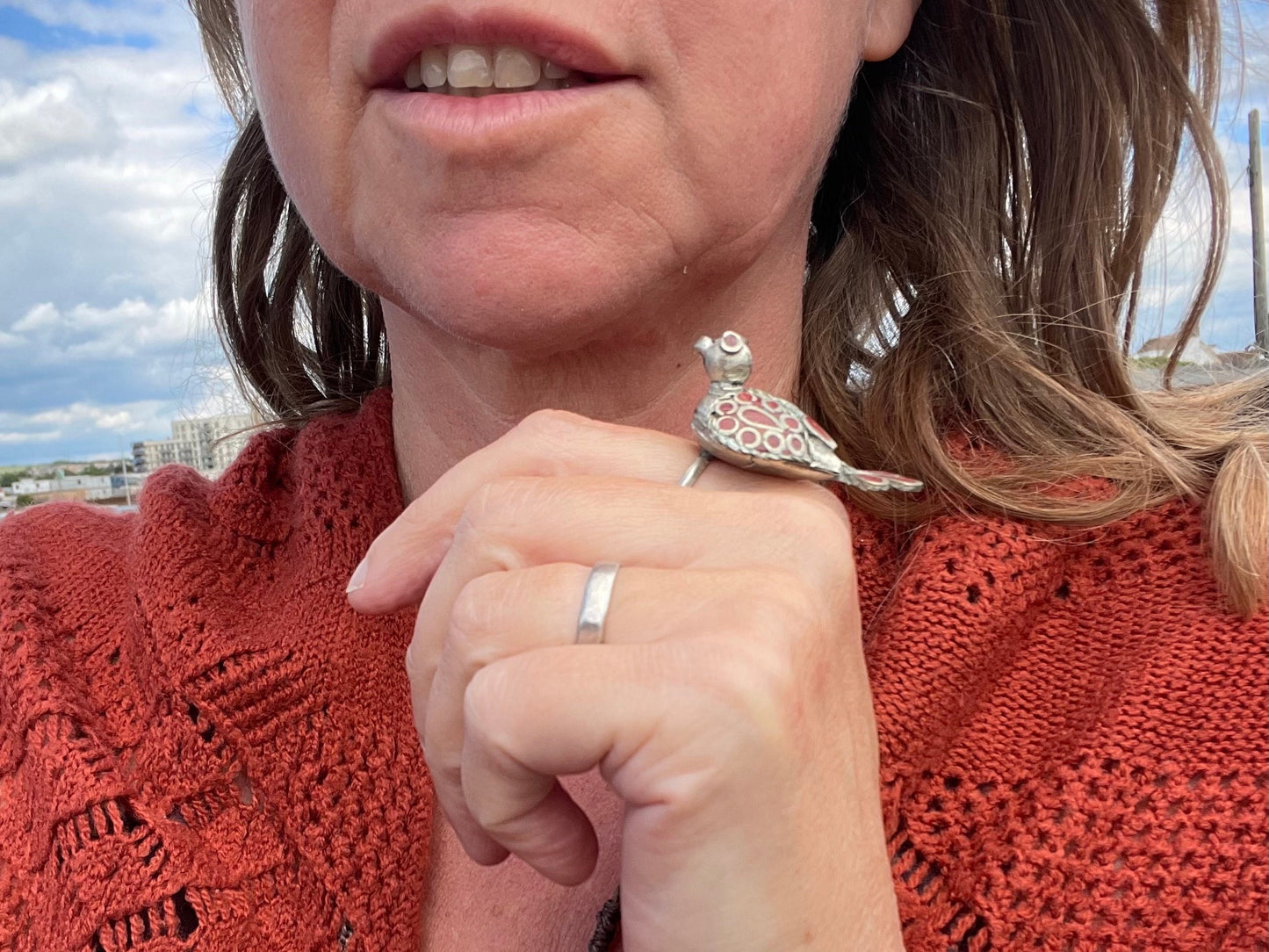 Large vintage bird ring, silver bird ring, vintage jewellery, boho jewellery, ethical jewellery, gypsy ring. Gypsy jewellery, red bird ring