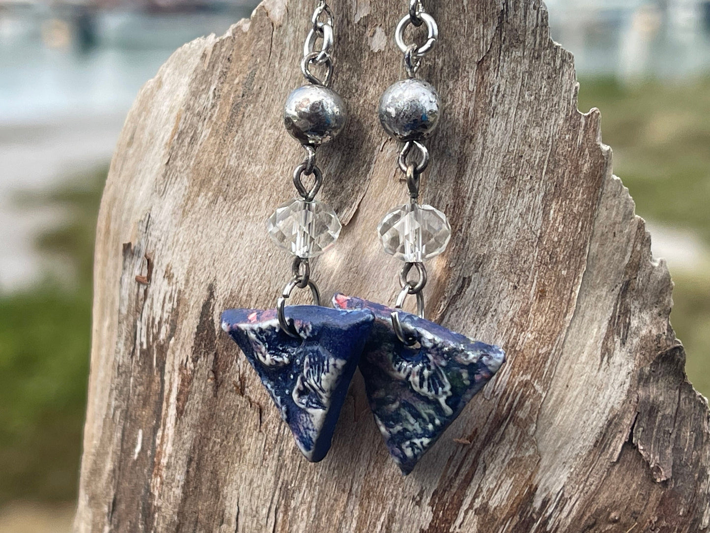 Handmade earrings using Sussex clay. Unique jewellery, ceramic earrings, boho jewellery, blue earrings, unique earrings, blue jewellery