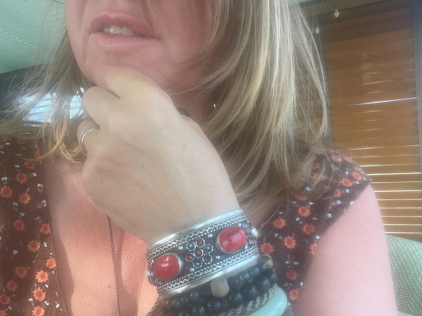 Gypsy jewellery, coral stone bracelet, coral stone cuff, vintage jewellery, ethical jewellery, red cuff bracelet, red bangle, large bracelet