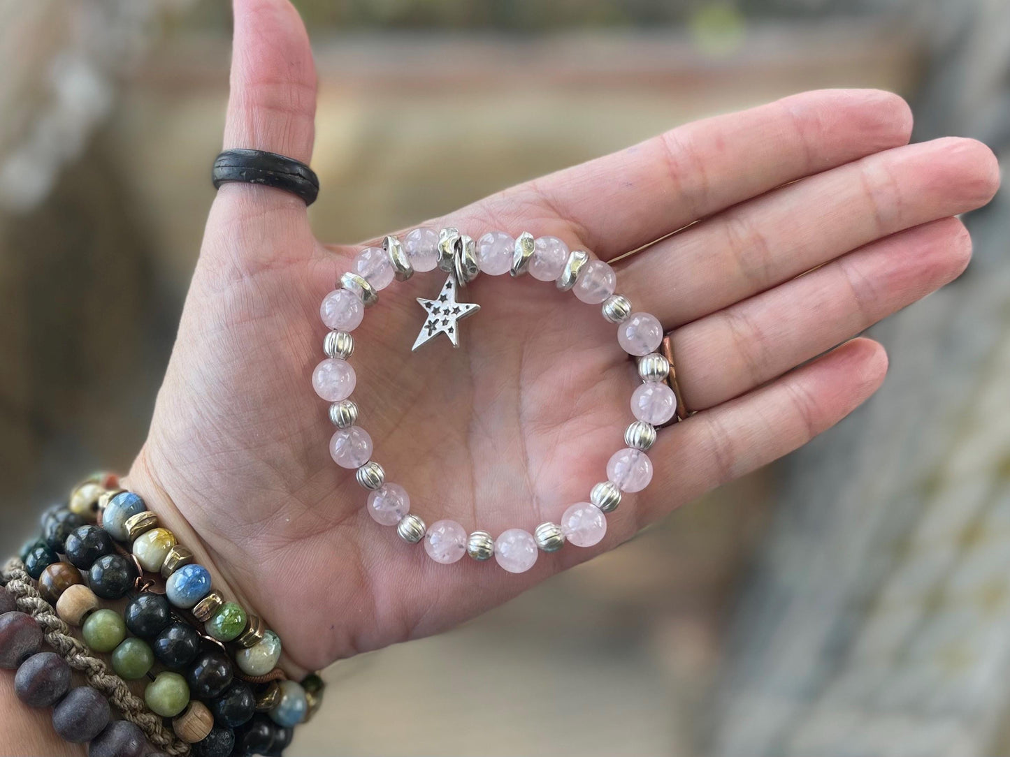 Rose quartz bracelet, romantic bracelet, boho bracelet, Hippy bracelet, gift for her, star bracelet, handmade bracelet, rose quartz bangle