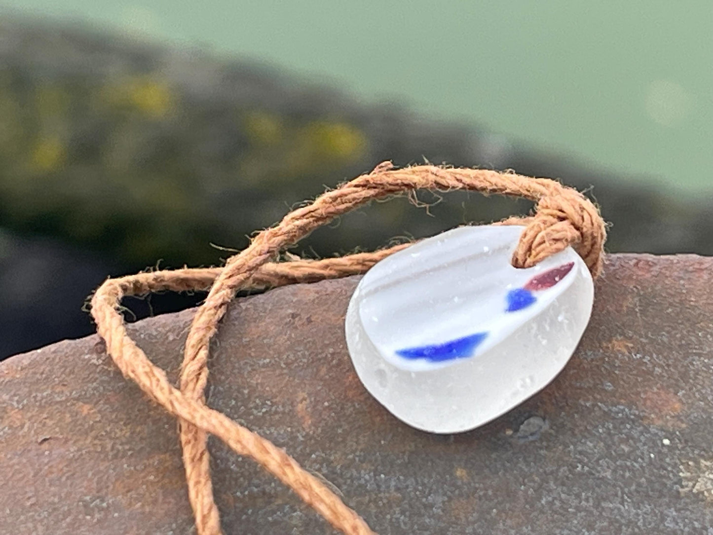 Unusual sea glass necklace. Recycled necklace, gift for him. Ethical jewellery. Sea glass pendant. Eco friendly necklace, eco jewellery