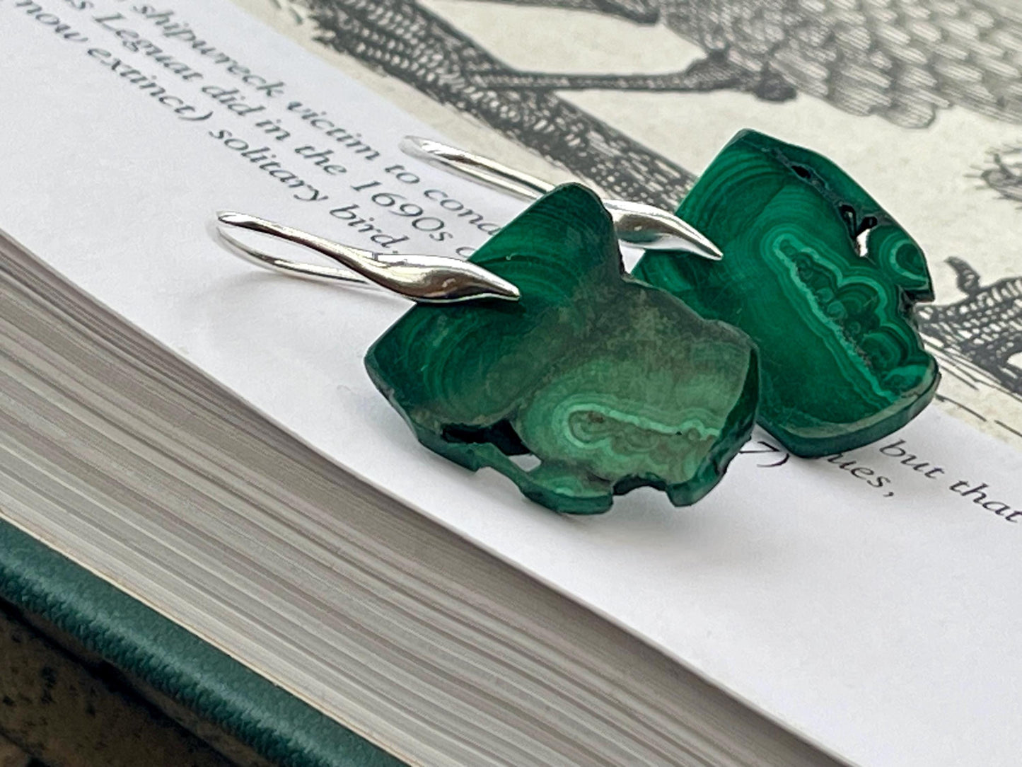 Silver earrings, boho earrings, unusual gift for her, malachite earrings, malachite jewellery, green gemstone earrings. Unusual jewellery