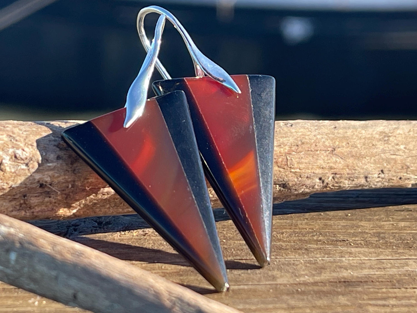 Obsidian and red agate gemstone earrings on sterling silver. Ethical and unique jewellery. Red and black earrings. Unique handmade earrings.