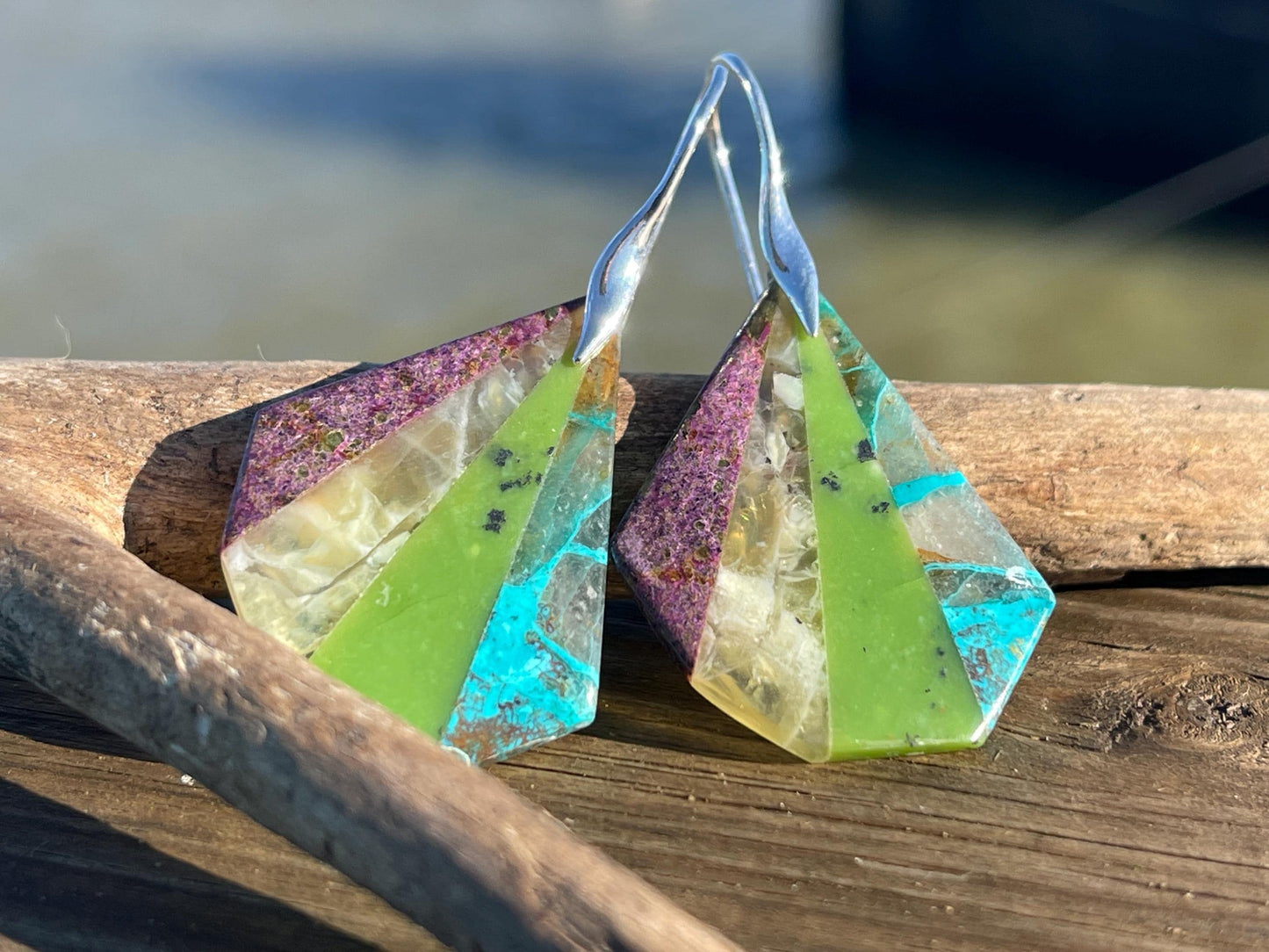 Fused chrysocolla gemstone earrings on sterling silver. Ethical jewellery, serpantine gemstone earrings. Unique jewellery. Unique gifts