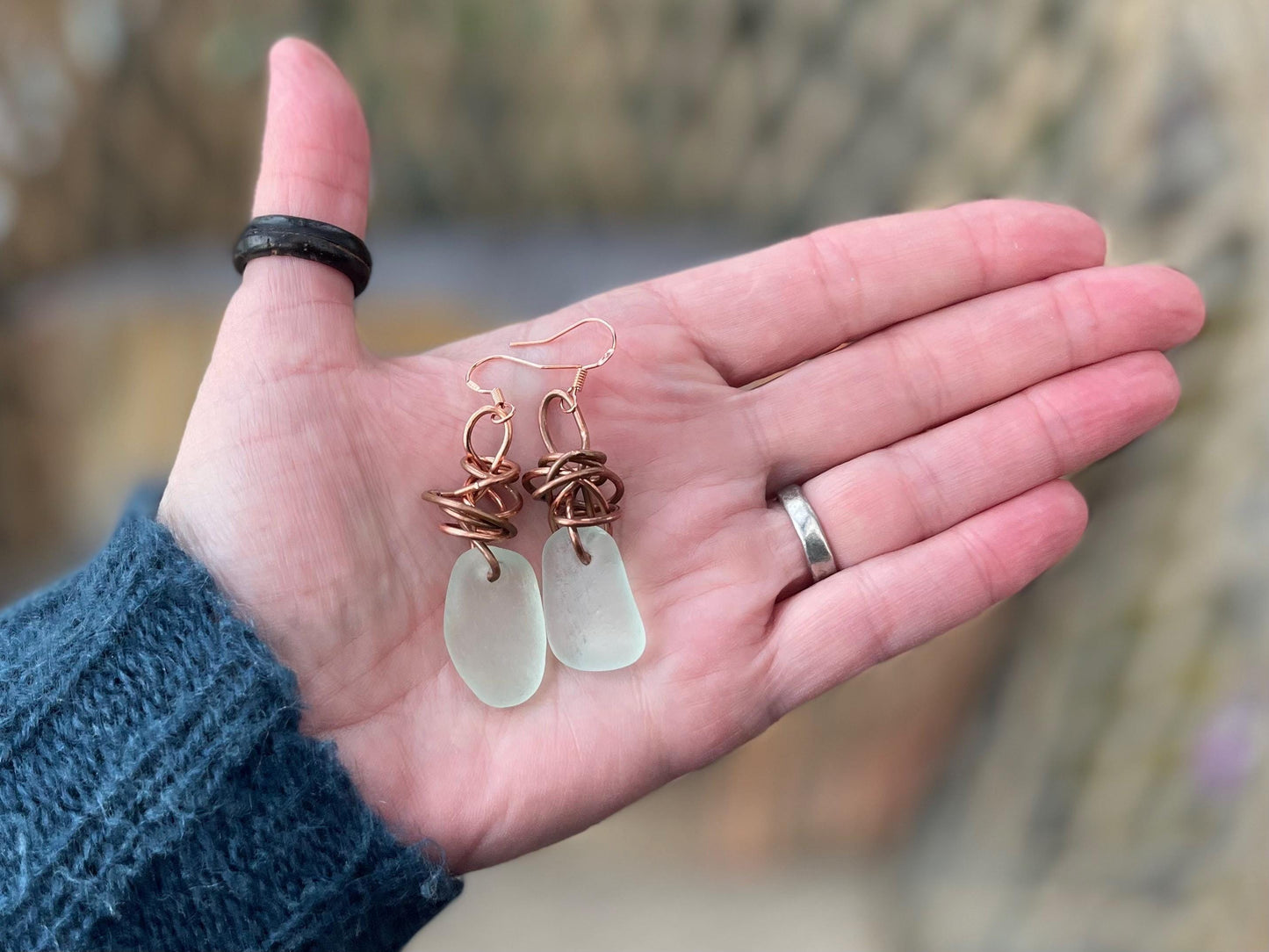 Sea glass earrings, unique earrings, ethical jewellery, unusual boho jewellery, handmade earrings, boho earrings, unique sea glass jewellery