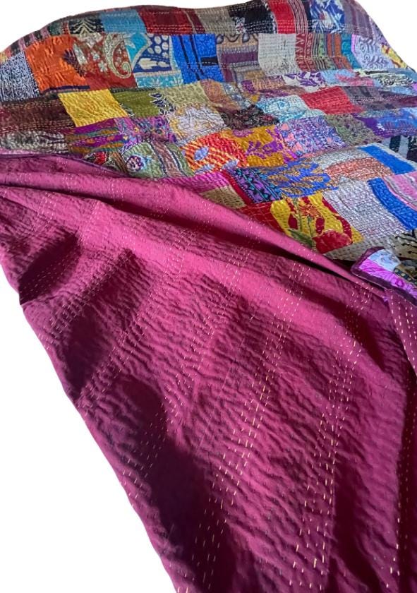 KING SIZE Multi-coloured bedspread made from vintage fabrics. Stunning patchwork bed throw. Multi- coloured.