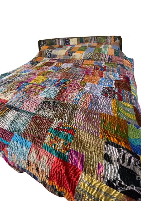 KING SIZE Multi-coloured bedspread made from vintage fabrics. Stunning patchwork bed throw. Multi- coloured.