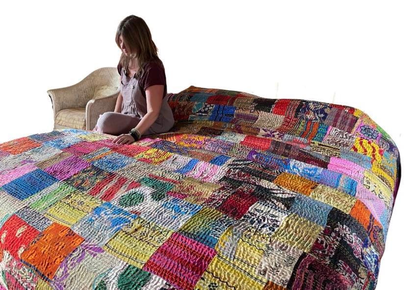 KING SIZE Multi-coloured bedspread made from vintage fabrics. Stunning patchwork bed throw. Multi- coloured.