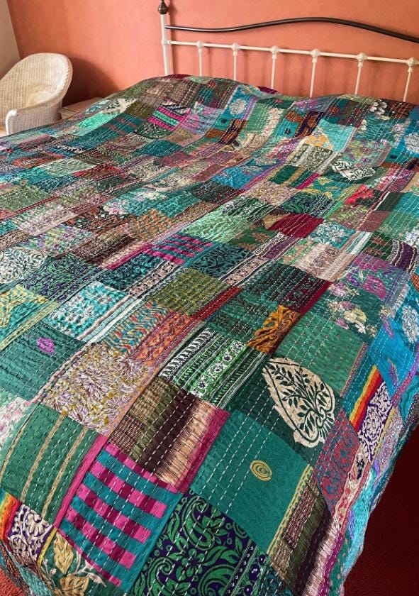 KING SIZE Green bedspread made from vintage fabrics. Stunning patchwork bed throw. Multi- coloured.