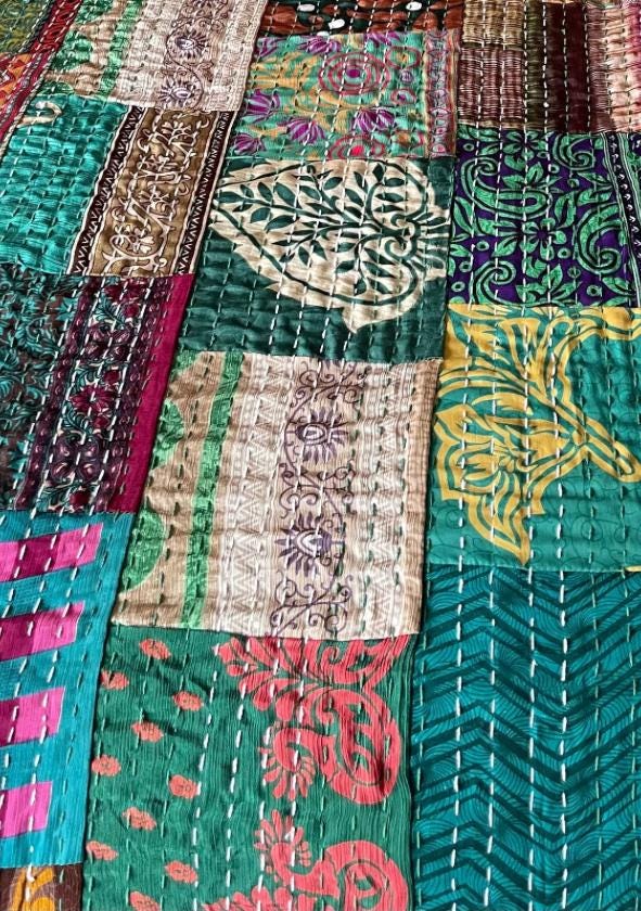 KING SIZE Green bedspread made from vintage fabrics. Stunning patchwork bed throw. Multi- coloured.