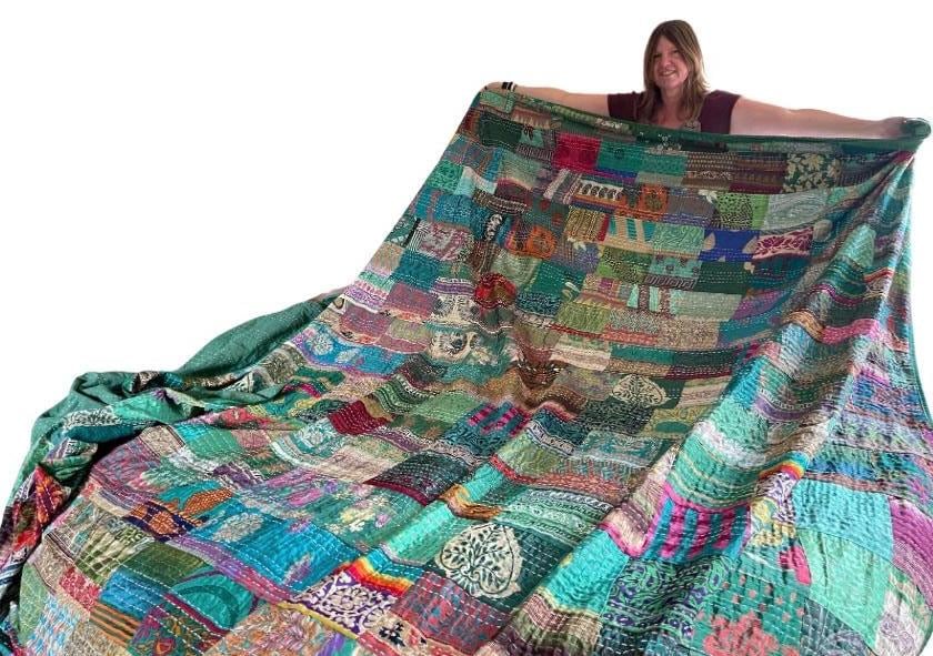 KING SIZE Green bedspread made from vintage fabrics. Stunning patchwork bed throw. Multi- coloured.