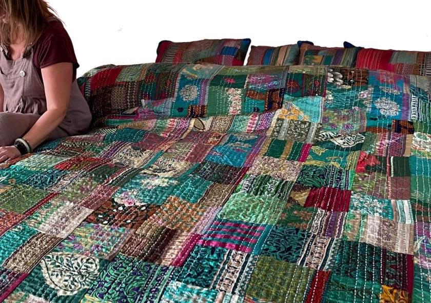 KING SIZE Green bedspread made from vintage fabrics. Stunning patchwork bed throw. Multi- coloured.