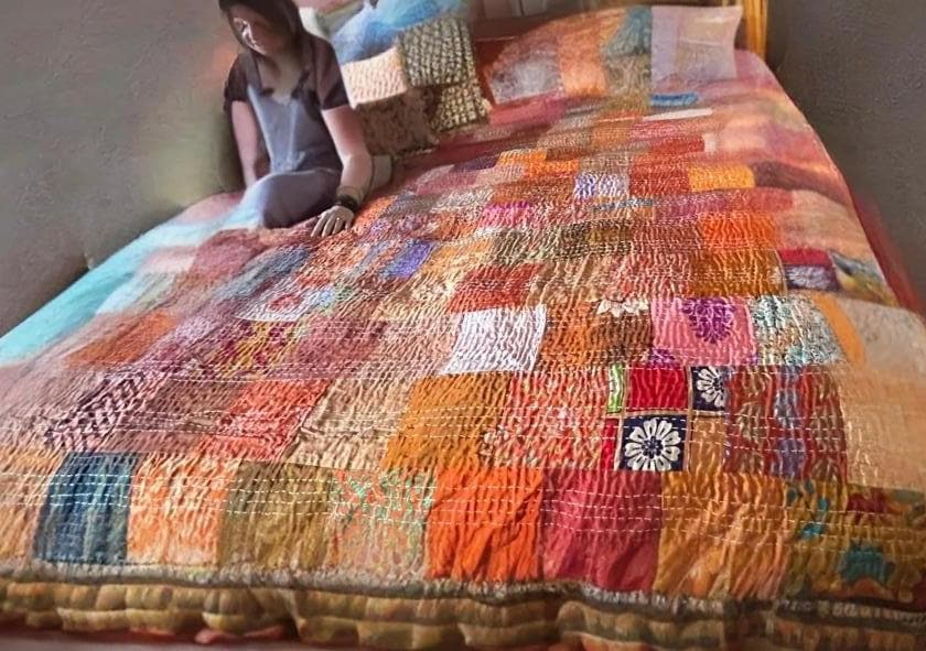 KING SIZE Orange bedspread made from vintage fabrics. Stunning patchwork bed throw. Multi- coloured.