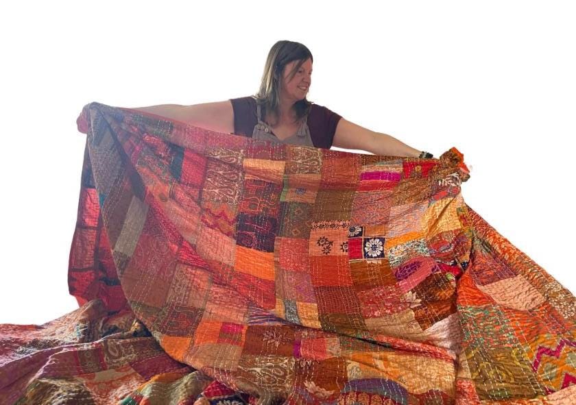 KING SIZE Orange bedspread made from vintage fabrics. Stunning patchwork bed throw. Multi- coloured.